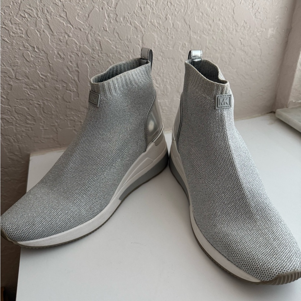 Michael Kors Light Gray Knit Slip-On Wedge Sneakers with Metallic Heel